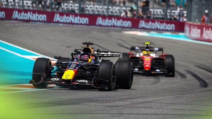 Max Verstappen, Red Bull, and Lewis Hamilton, Ferrari, battle during the 2026 Miami GP Sprint
