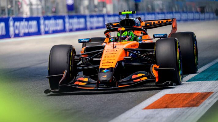 Lando Norris drives towards Turn 1 in Miami.