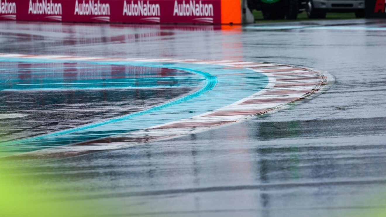 Rain beats down on the Miami International Autodrome.