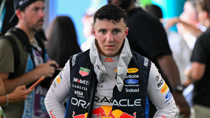 Isack Hadjar in the media pen