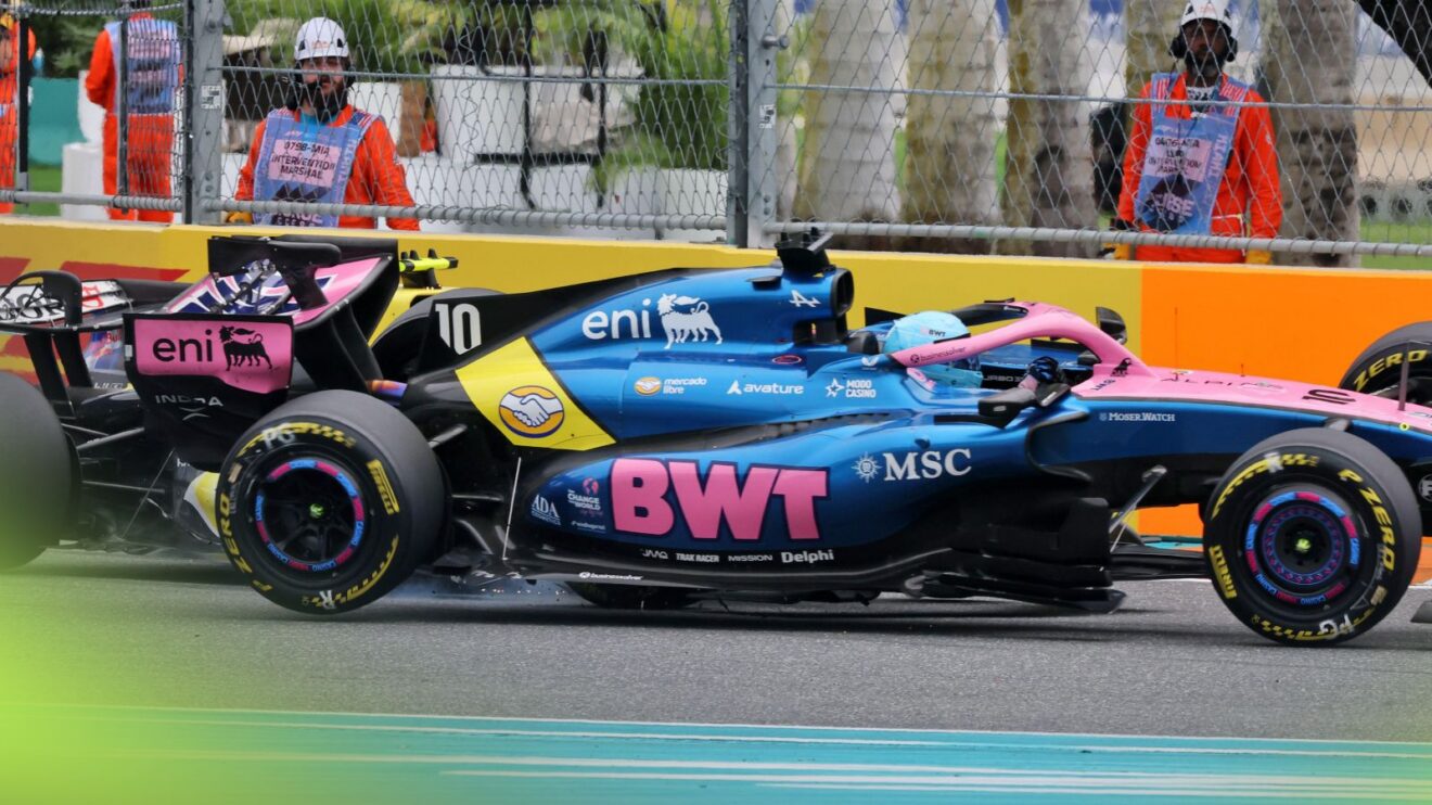Liam Lawson, Racing Bulls, and Pierre Gasly, Alpine, collide at the 2026 Miami Grand Prix