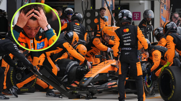 Lando Norris pit stop, driver with head in hands