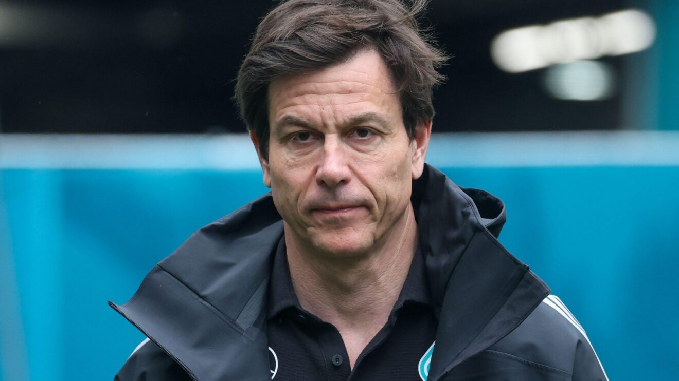 Toto Wolff of Mercedes arrives in the Miami paddock