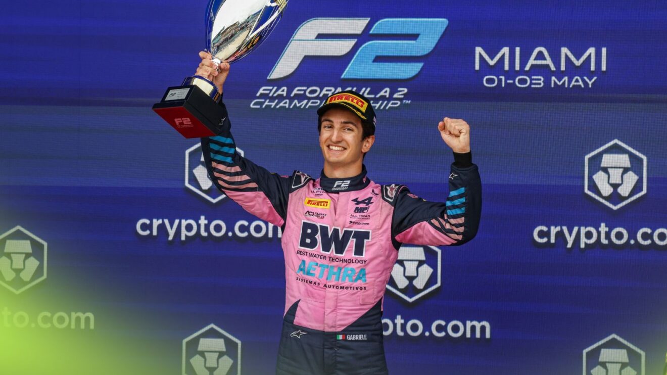 Gabriele Mini, MP Motorsport, celebrates winning his first Formula 2 race in Miami, 2026