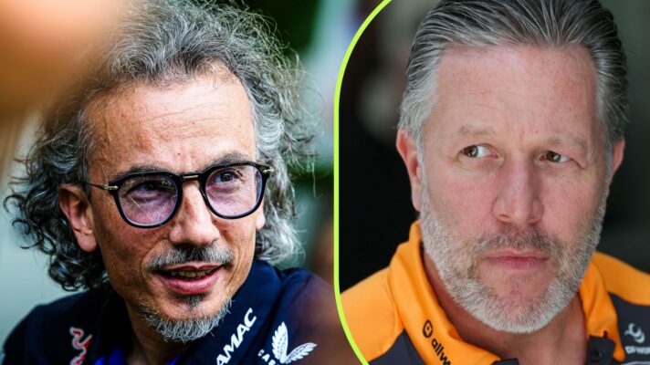 Laurent Mekies, Red Bull, left, and Zak Brown, McLaren, right, pictured at the 2026 Miami Grand Prix