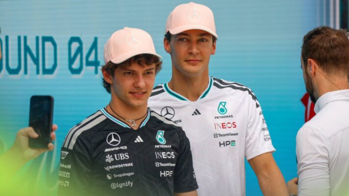 George Russell and Kimi Antonelli in the Miami Grand Prix paddock.