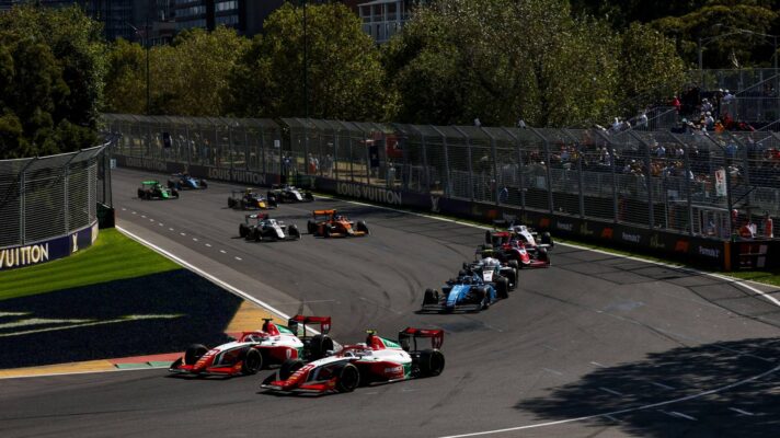 Prema teammates James Wharton and Louis Sharp battle in the Melbourne Formula 3 sprint