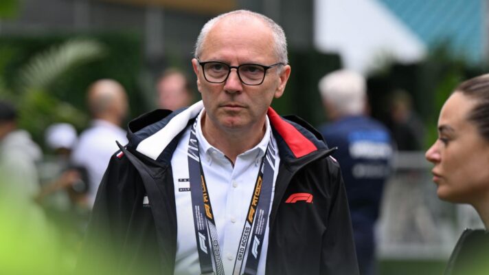 Formula 1 CEO Stefano Domenicali walks the paddock at the Miami Grand Prix.