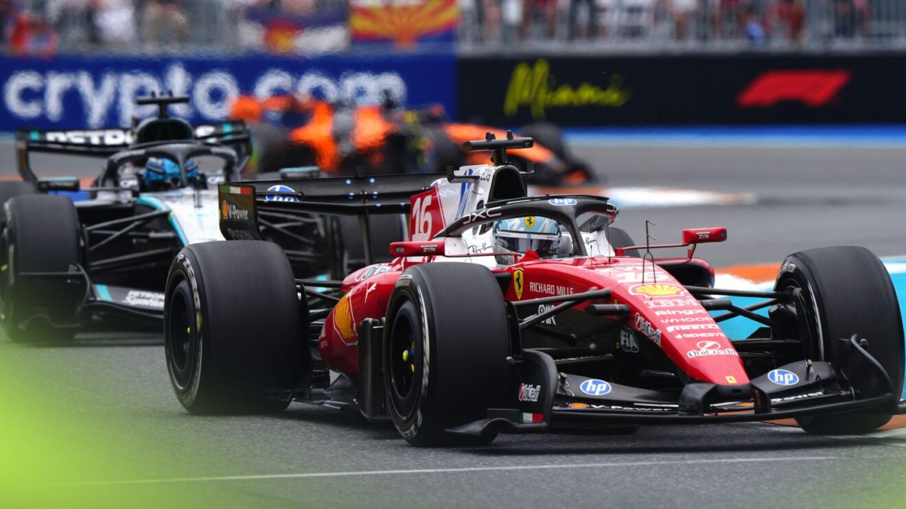 Ferrari's Charles Leclerc ahead of Mercedes' George Russell at the 2026 Miami Grand Prix