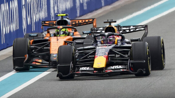 Lando Norris wheel-to-wheel with Max Verstappen in Miami, the Red Bull driver slightly ahead