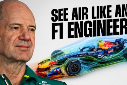 A lock up of Adrian Newey's face alongside a Red Bull car with lines depicting air flow alongside him.