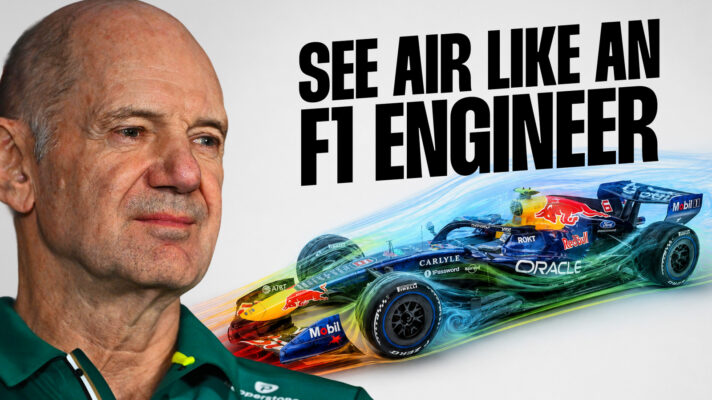 A lock up of Adrian Newey's face alongside a Red Bull car with lines depicting air flow alongside him.