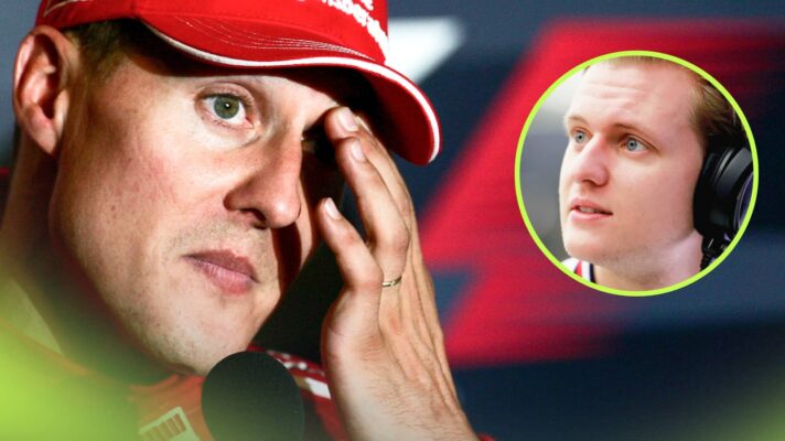 Michael Schumacher holds his hand to his face in a press conference with an inset of Mick Schumacher