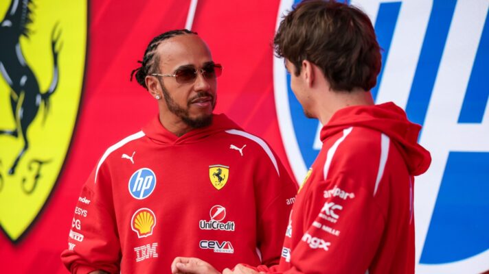Ferrari teammates Lewis Hamilton and Charles Leclerc speaking at the 2026 Miami Grand Prix