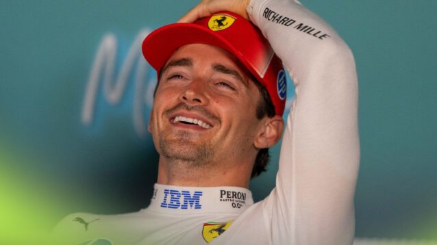 Ferrari driver Charles Leclerc all smiles as he speaks from the 2026 Miami Grand Prix