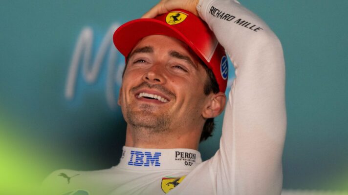 Ferrari driver Charles Leclerc all smiles as he speaks from the 2026 Miami Grand Prix