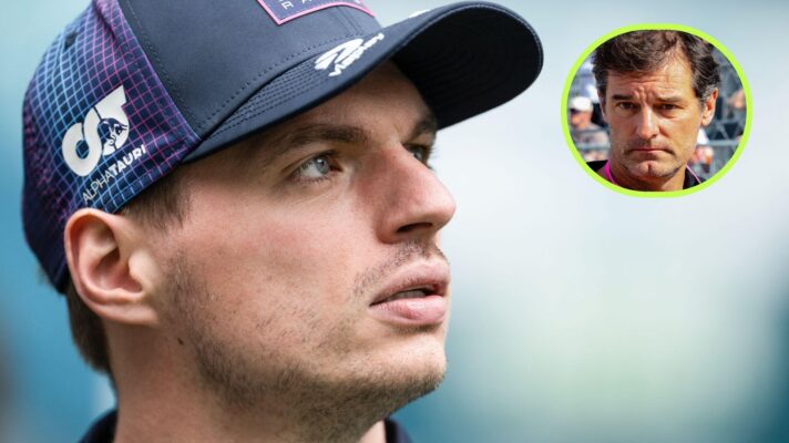 Max Verstappen, Red Bull, pictured at the 2026 Miami Grand Prix, as Mark Webber appears in a top right circle