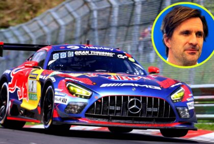 Max Verstappen in action in his Mercedes-AMG GT3 car at the Nurburgring.