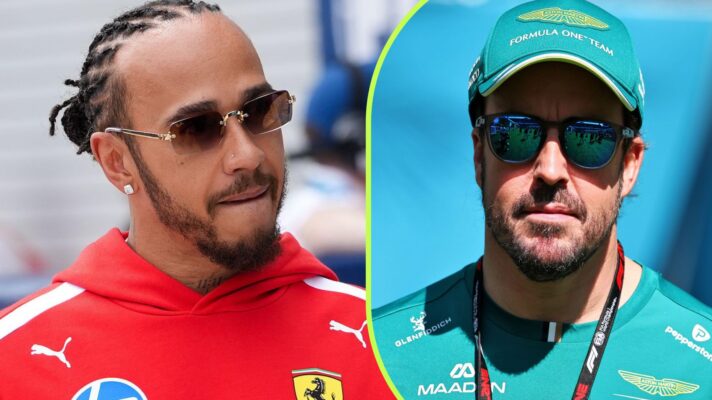 On the left, Lewis Hamilton, Ferrari, and on the right, Fernando Alonso, Aston Martin, both pictured at the 2026 Miami Grand Prix