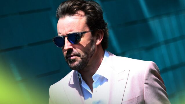 Aston Martin driver Fernando Alonso pictured in a suit at the 2026 Miami Grand Prix