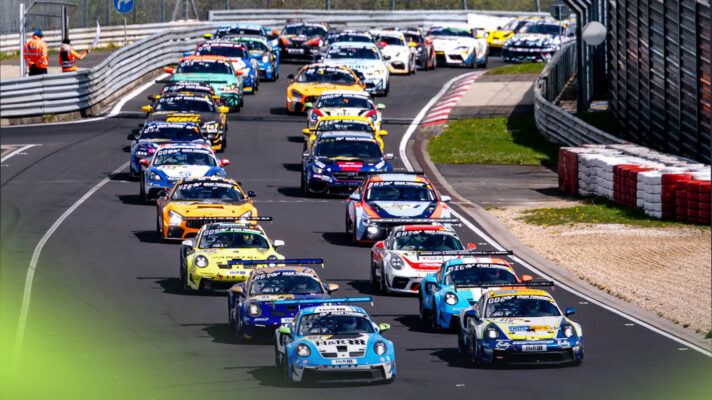 The Nurburgring 24 Hours field lined up int two roes as they prepare to take a rolling start.