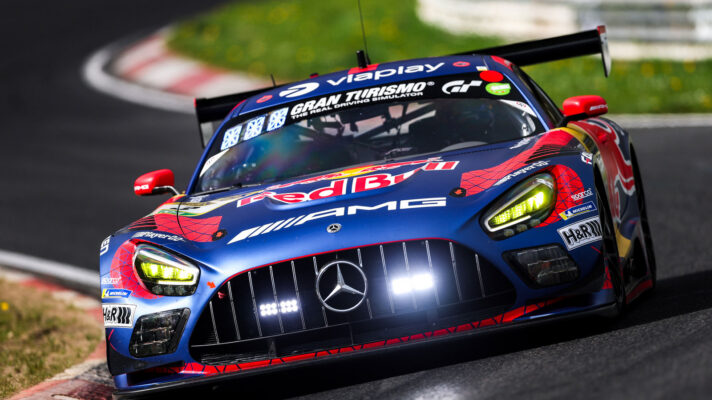 The Team Verstappen Mercedes-AMG GT3 fills the frame as it navigates the Nordschleife.