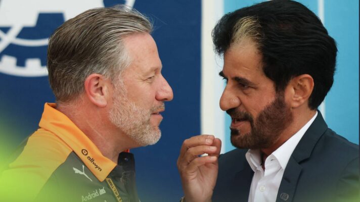 McLaren's Zak Brown and FIA President Mohammed Ben Sulayem in conversation at the 2026 Miami Grand Prix.