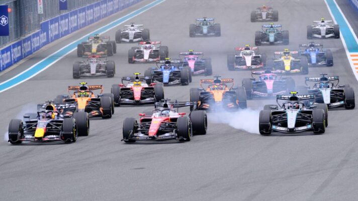 Kimi Antonelli, Mercedes, locks up at the start of the 2026 Miami Grand Prix