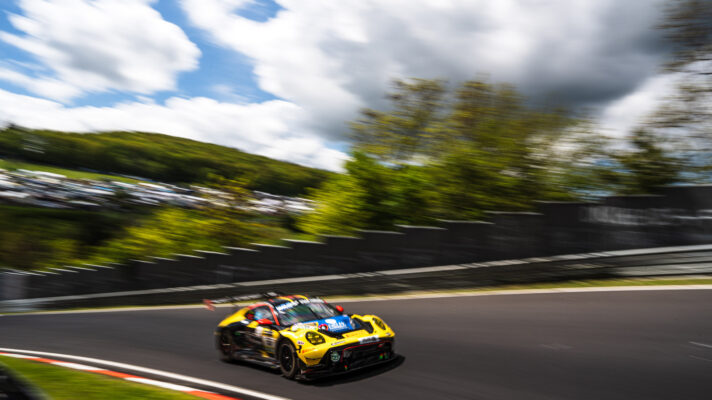 A Porsche navigates the Nordschleife during Nürburgring 24 Hours qualifying.