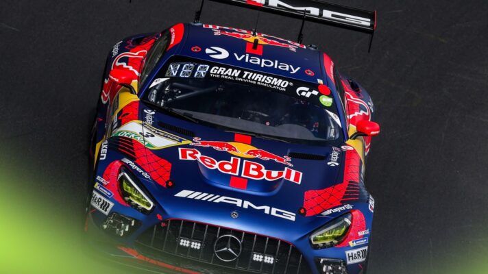 The #3 Mercedes co-driven by Max Verstappen in action at the 2026 24 Hours of Nürburgring