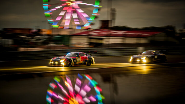 Max Verstappen leads Maro Engel through the night at the Nürburgring 24 Hours.