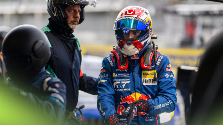 Max Verstappen walks away from his Mercedes-AMG GT3 in pit lane.