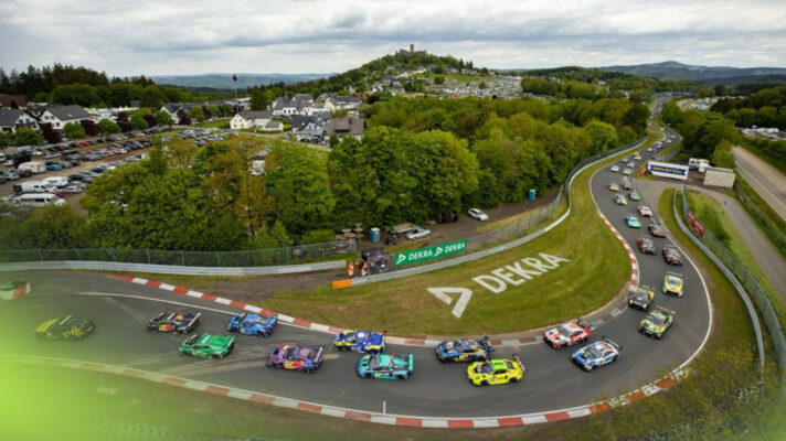 The Nürburgring 24 Hours field rolls through the final chicane ahead of the start of the race.