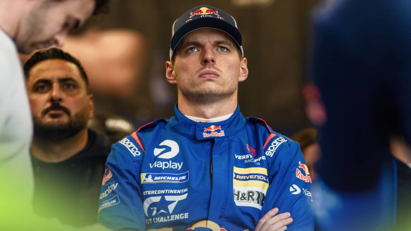 Max Verstappen looks on in the garage during the Nürburgring 24 Hours