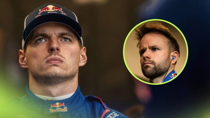 Max Verstappen looks on with an inset of Jules Gounon