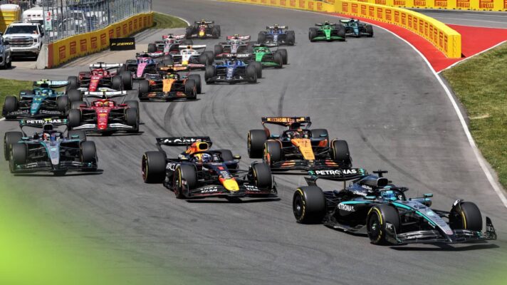 George Russell's Mercedes leads the F1 pack into the first corner at the 2025 Canadian Grand Prix