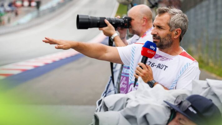 Timo Glock points to the action as he broadcasts trackside with Sky F1 Germany at the Red Bull Ring