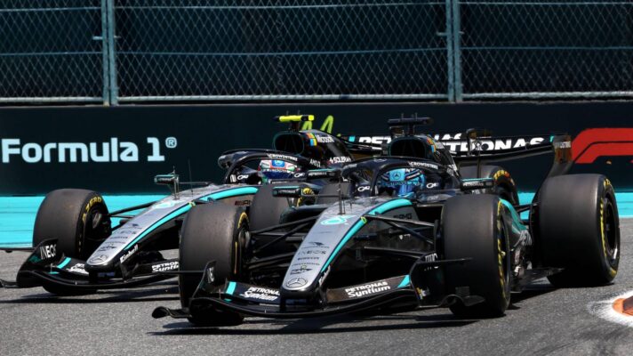 Mercedes drivers George Russell and Kimi Antonelli close on track at the 2026 Miami Grand Prix