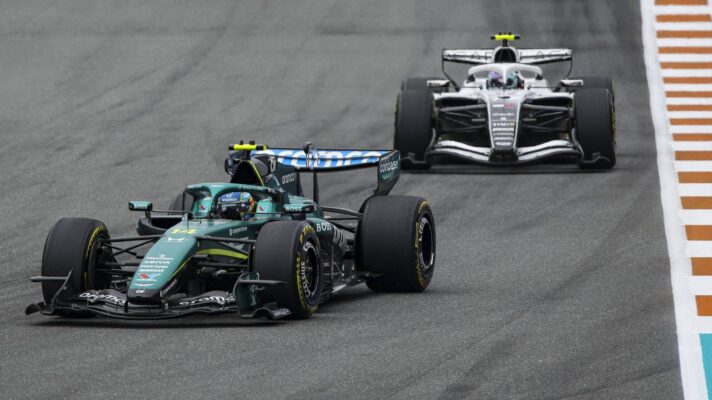 Valtteri Bottas, Cadillac, following Fernando Alonso, Aston Martin, at the 2026 Miami Grand Prix