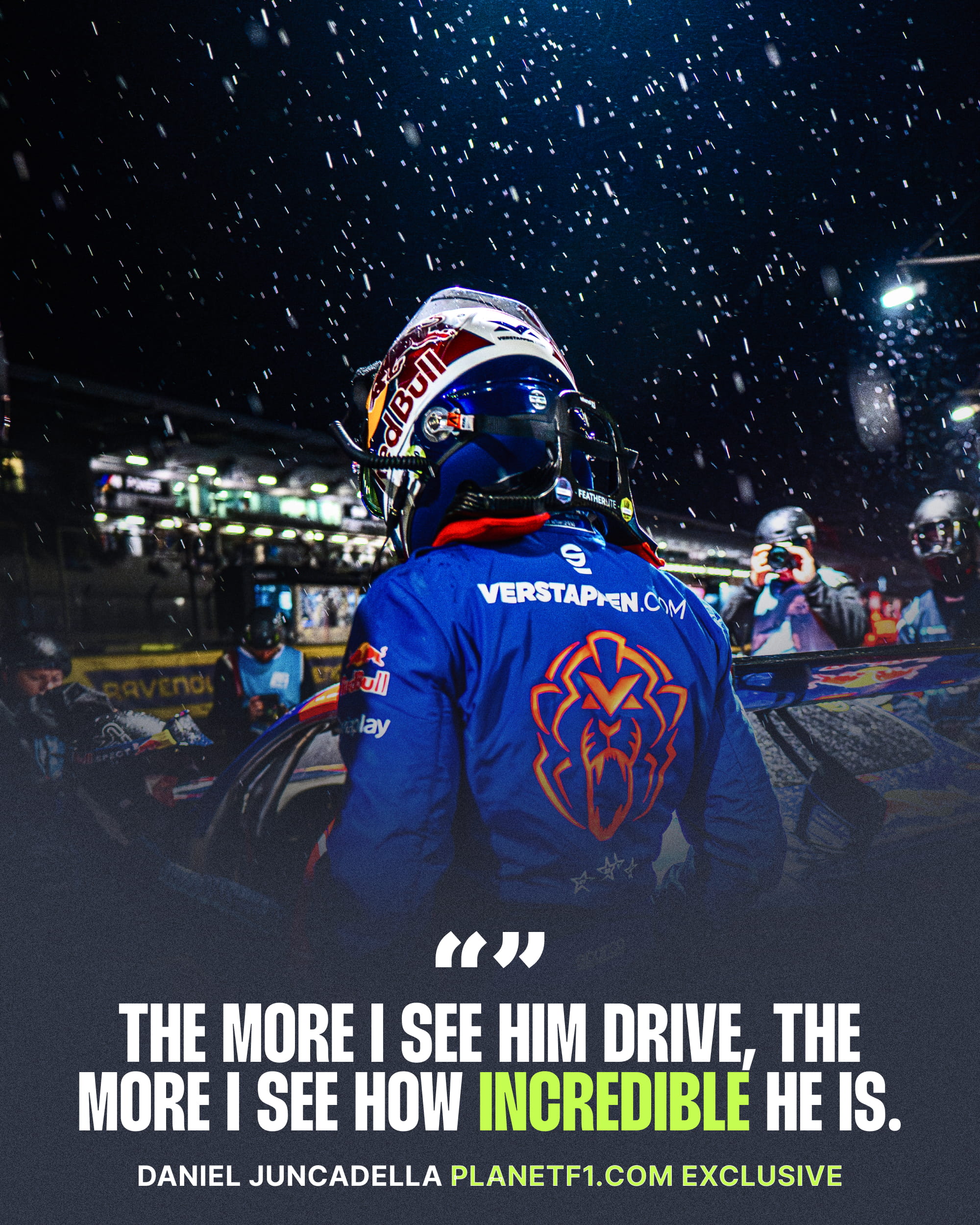 A rear-facing shot of Max Verstappen in the Nürburgring pit lane at night with spots of rain falling and a quote by Daniel Juncadella at the bottom