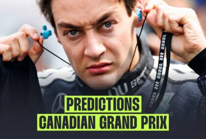 A close-up shot of George Russell inserting his earplugs with a PlanetF1.com banner reading: Predictions: Canadian Grand Prix'