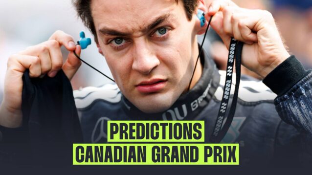 A close-up shot of George Russell inserting his earplugs with a PlanetF1.com banner reading: Predictions: Canadian Grand Prix'