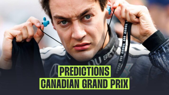 A close-up shot of George Russell inserting his earplugs with a PlanetF1.com banner reading: Predictions: Canadian Grand Prix'