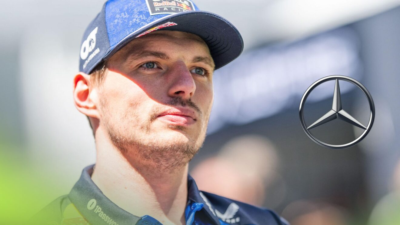 Max Verstappen, Red Bull, pictured at the 2026 Canadian Grand Prix, as a Mercedes logo appears on the right