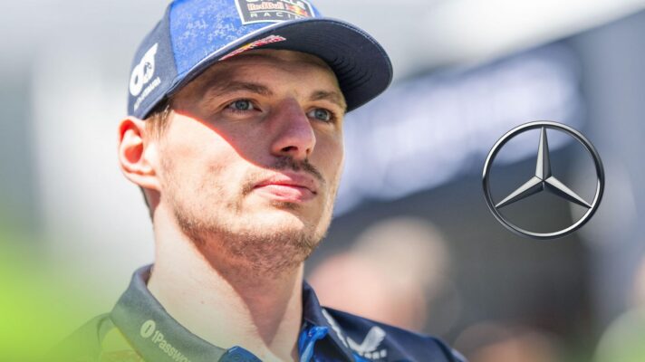Max Verstappen, Red Bull, pictured at the 2026 Canadian Grand Prix, as a Mercedes logo appears on the right