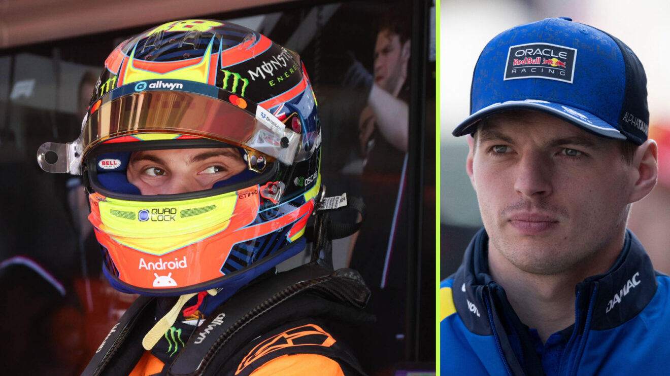 Oscar Piastri with his helmet on in the McLaren garage alongside an image of Max Verstappen in his Red Bull cap.