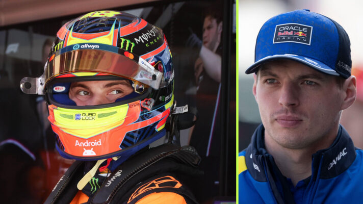 Oscar Piastri with his helmet on in the McLaren garage alongside an image of Max Verstappen in his Red Bull cap.