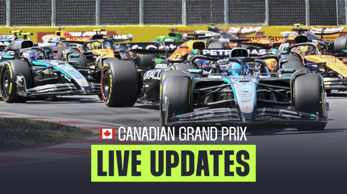 The start of the 2025 Canadian Grand Prix with George Russell leading the pack through Turn 2.