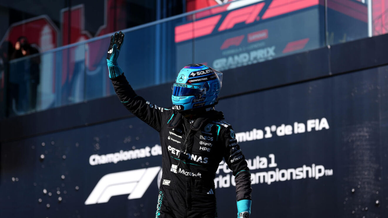 George Russell waves at fans after securing Sprint quali pole in Canada