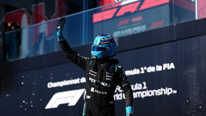 George Russell waves at fans after securing Sprint quali pole in Canada
